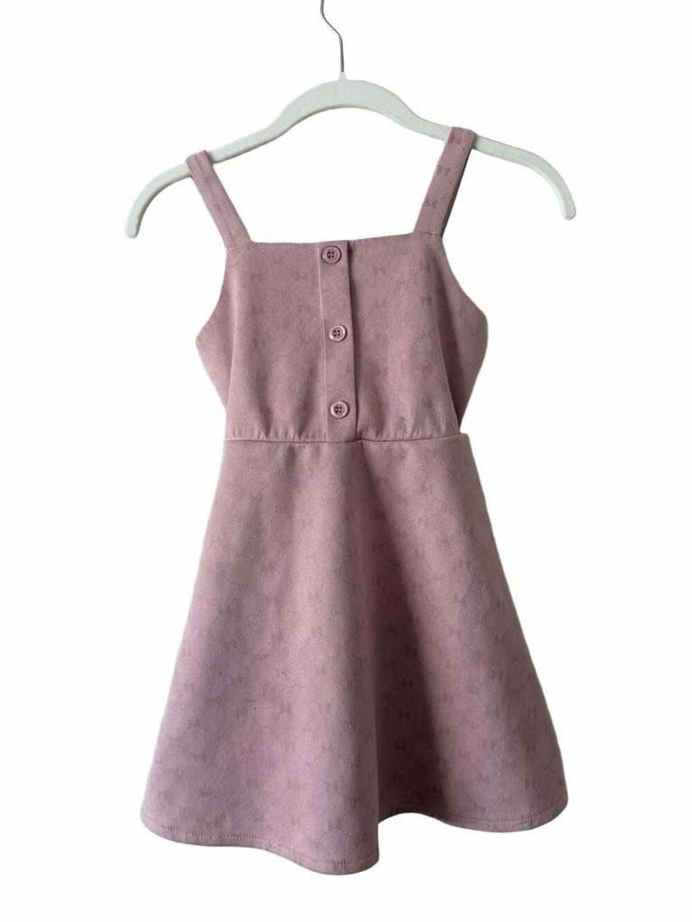 Love Squared Girls Pink Bow Textured Button-Front Pinafore Dress Size 5/6